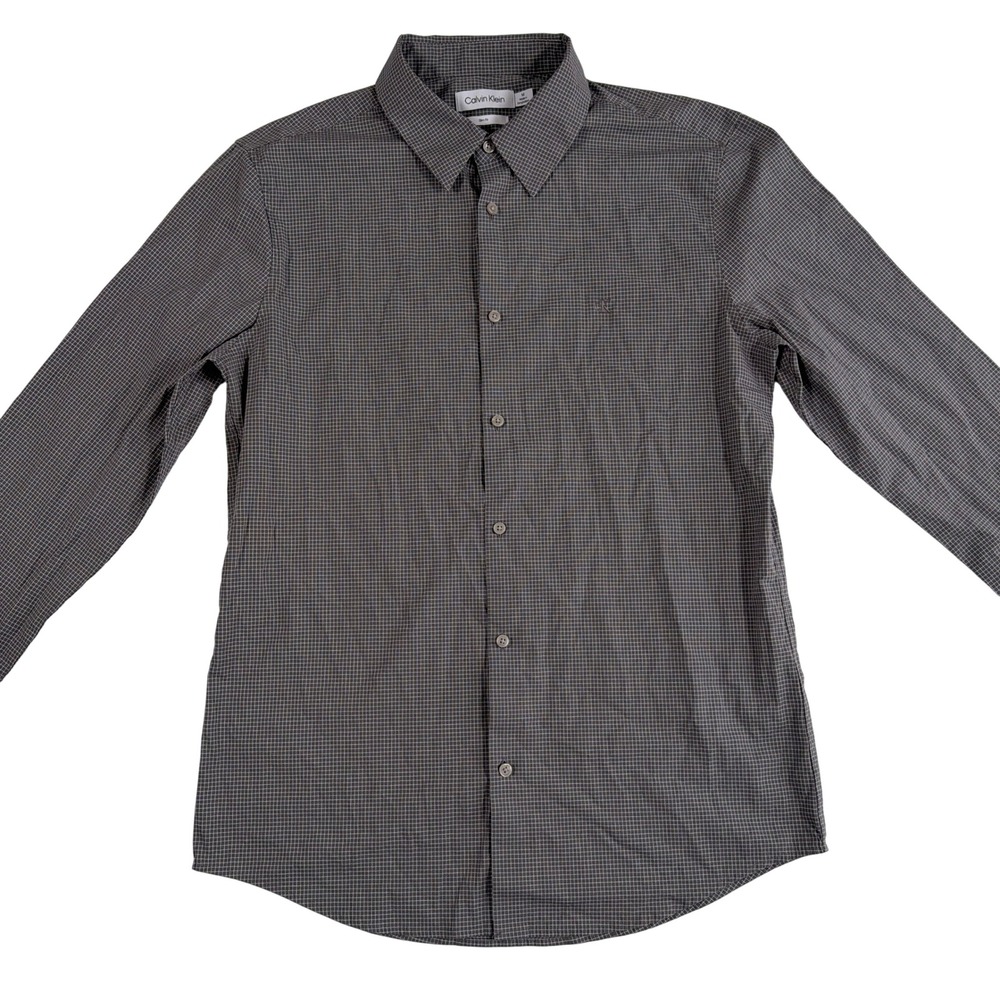 Calvin Klein Slim Fit Button Down Shirt Mens M Grey Micro Check Long Sleeve